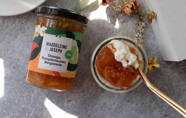 French Citrus jam added to yoghurt that featured in the French gourmet food subscription box of Madalyn & Rose.